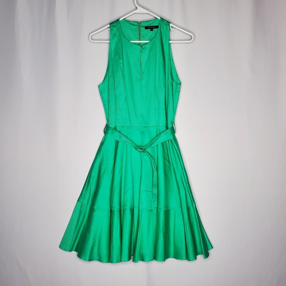 Tara Jarmon‎ Robe Dress Small Green Sleeveless Midi Flare Keyhole Pinup Monroe